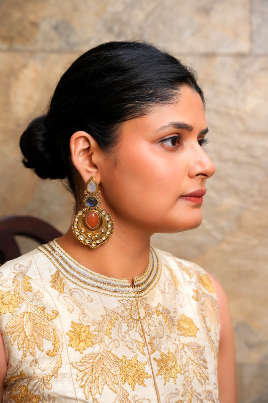 Imperial Moonstone & Labradorite Chandbali – Antique 22 Karat Gold-Plated Statement Earrings with Peach Onyx