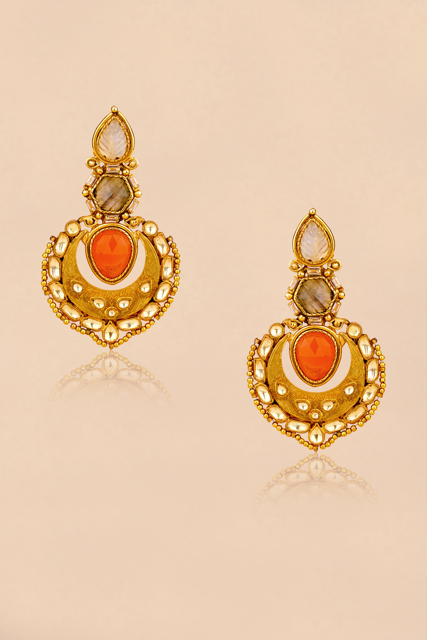 Imperial Moonstone & Labradorite Chandbali – Antique 22 Karat Gold-Plated Statement Earrings with Peach Onyx
