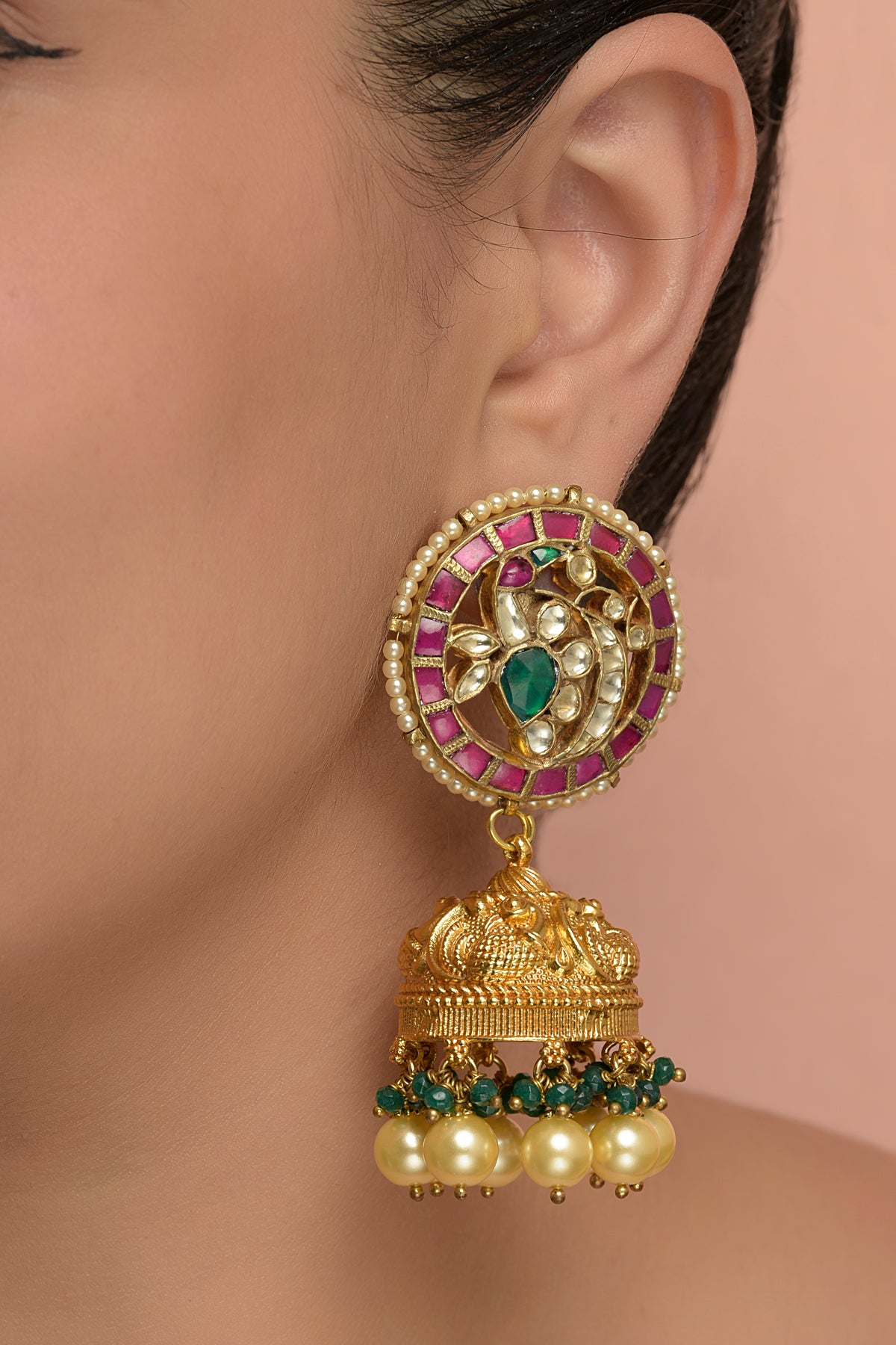 Mayura Peacock Heritage Jhumka | 22kt Gold-Plated Nakashi Engraved & Ruby Kundan Earrings