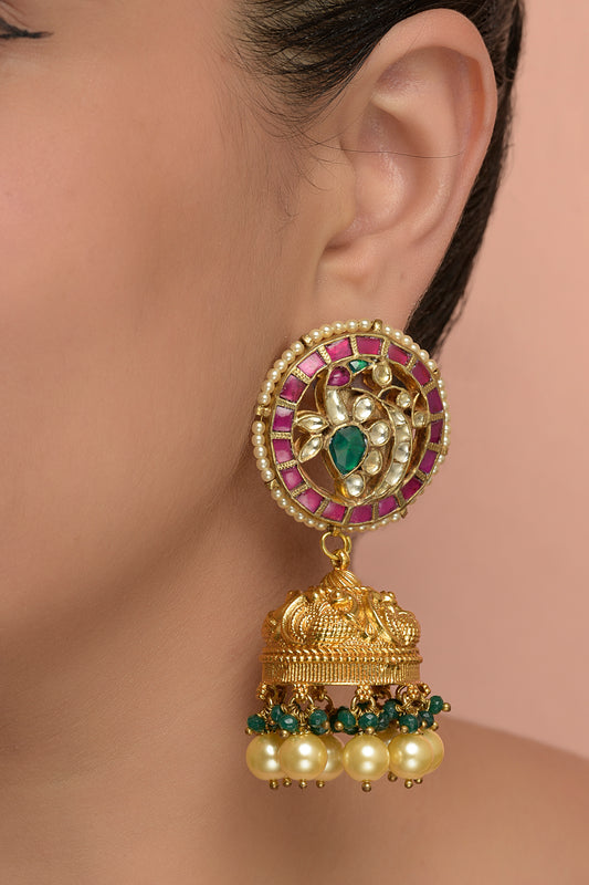 Mayura Peacock Heritage Jhumka | 22kt Gold-Plated Nakashi Engraved & Ruby Kundan Earrings