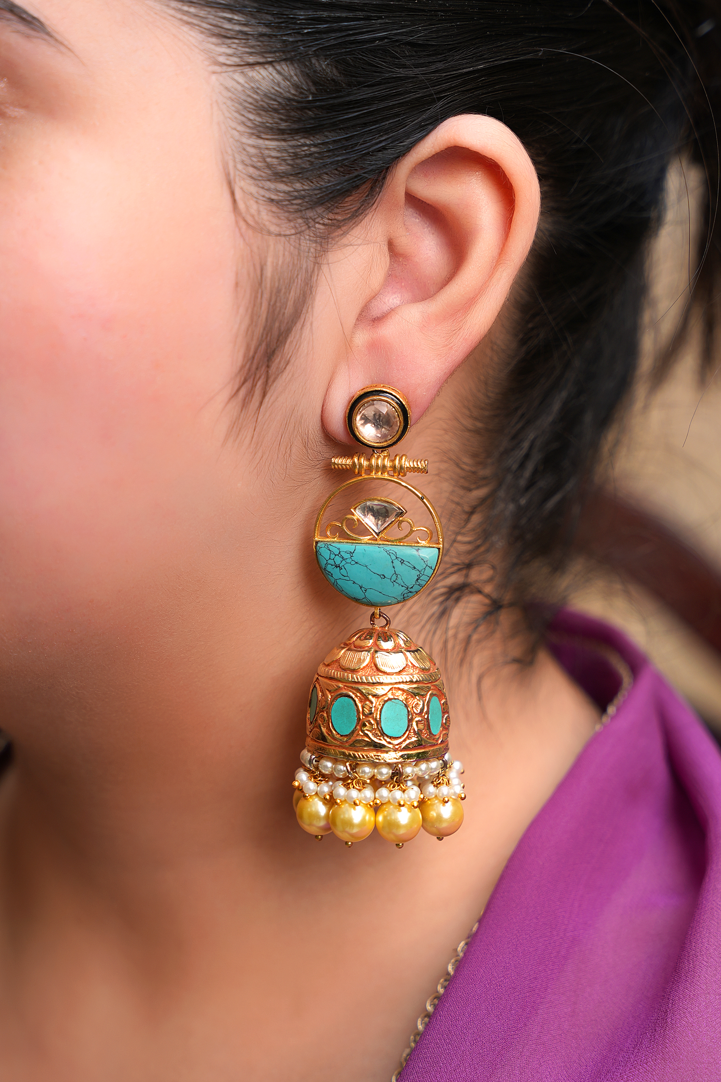 Imperial Turquoise Jhumka – Handcrafted 22 Karat Gold-Plated Statement Earrings with Pearl & Kundan Accents