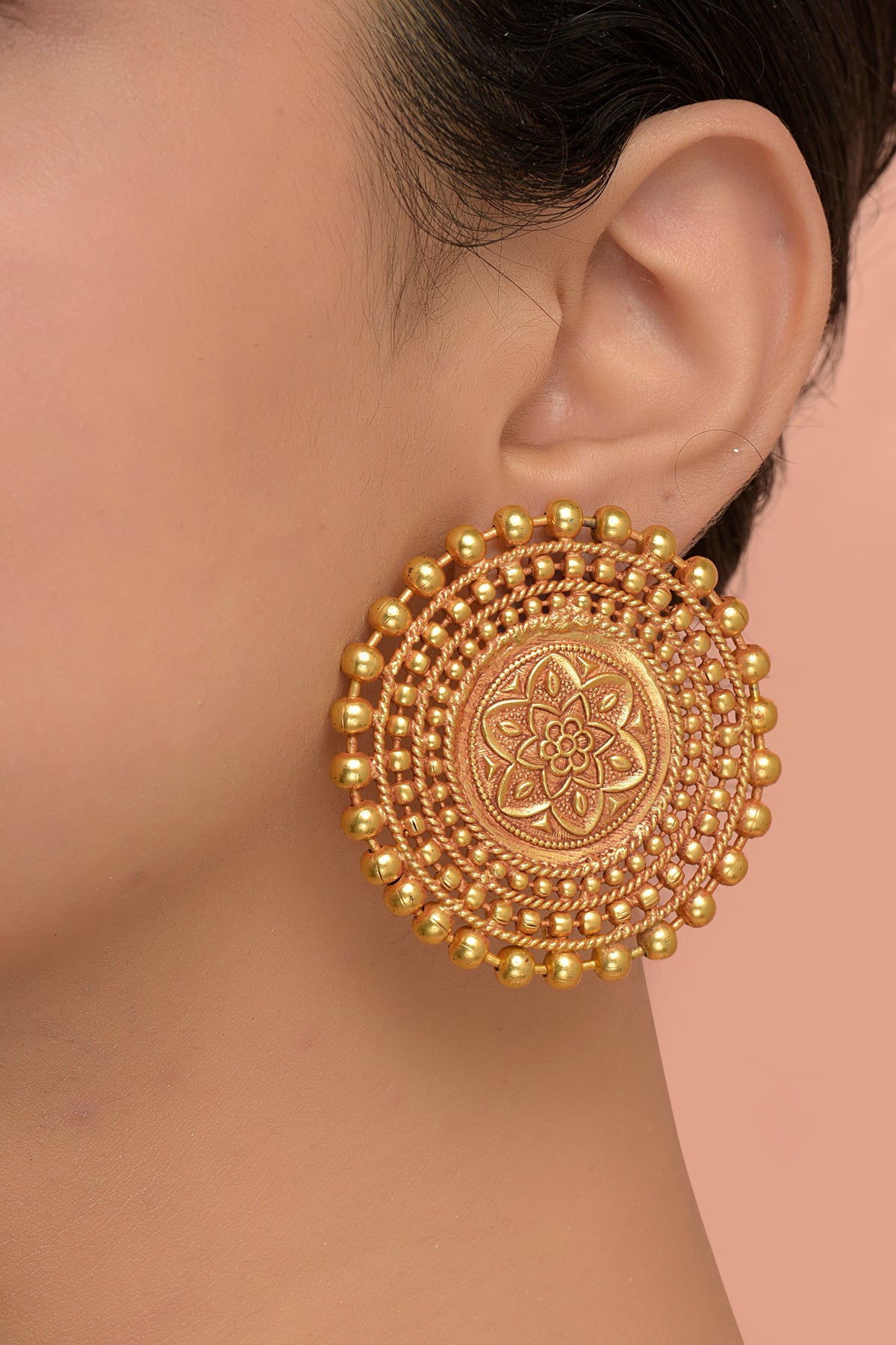 Arka-Mandala Studs | 22kt Matte-Gold & Nakkashi Solar-Disk Earrings
