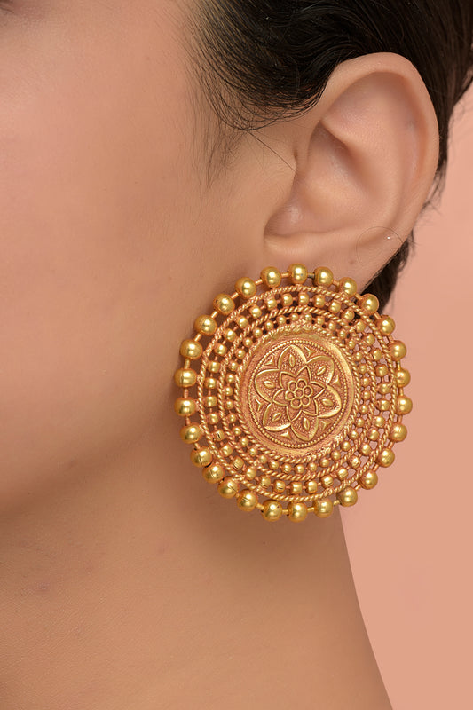 Arka-Mandala Studs | 22kt Matte-Gold & Nakkashi Solar-Disk Earrings