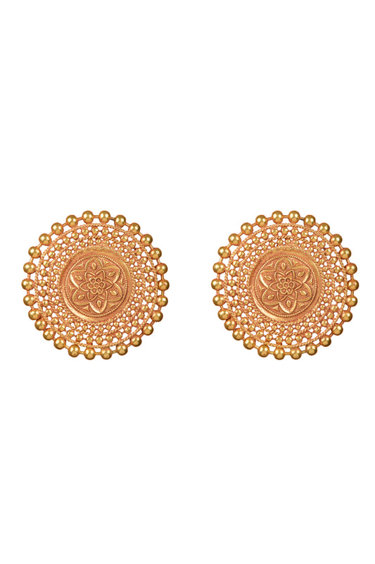 Arka-Mandala Studs | 22kt Matte-Gold & Nakkashi Solar-Disk Earrings