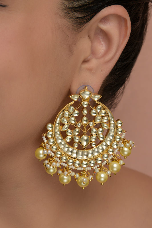 Aria Celestial Chandbali | Handcrafted 22kt Gold-Plated Kundan & Pearl Earrings