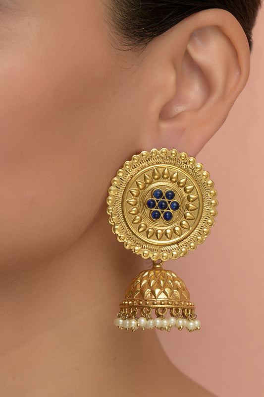 Neel-Arka Carved Solar Disk Jhumka | 22kt Matte-Gold & Nakashi Indigo-Sun Heritage Bell Drop Earrings