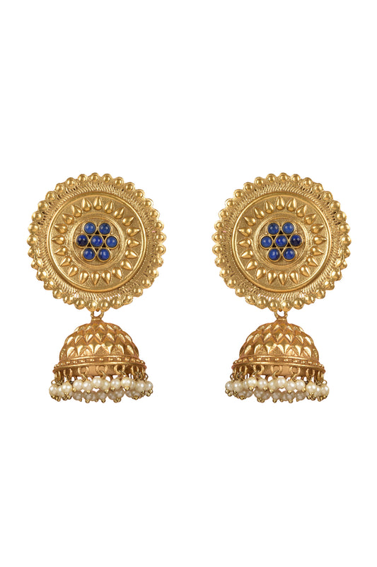 Neel-Arka Carved Solar Disk Jhumka | 22kt Matte-Gold & Nakashi Indigo-Sun Heritage Bell Drop Earrings