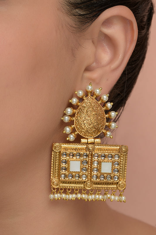 Vatayan-Darsh Stambha Dual Window Earrings | 22kt Matte-Gold & Mirror-Work Heritage Plaque Danglers