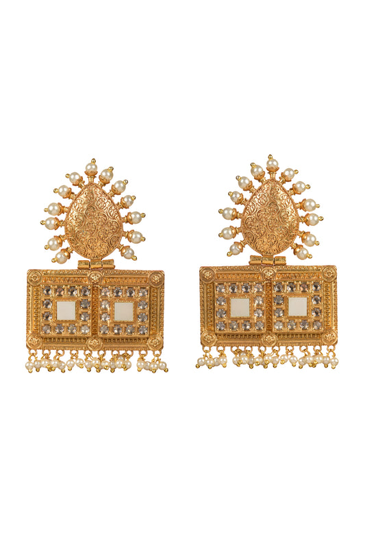 Vatayan-Darsh Stambha Dual Window Earrings | 22kt Matte-Gold & Mirror-Work Heritage Plaque Danglers