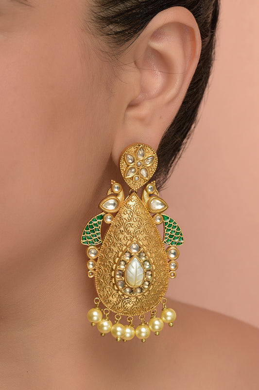 Mayur-Aangan Nakashi Drops | 22kt Matte-Gold & Meenakari Peacock Statement Dangler Earrings