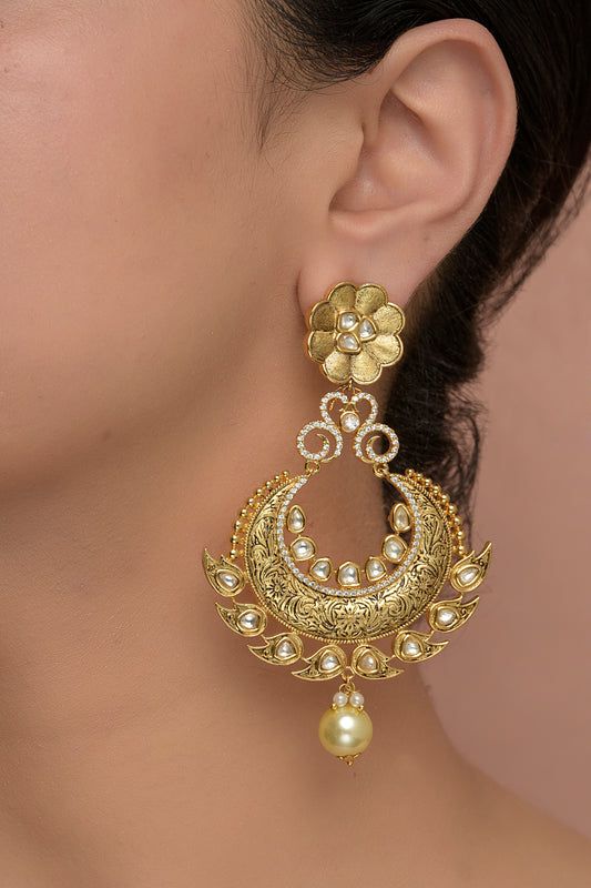Chand-Vilas Nakkashi Chandbali | 22kt Matte-Gold, Polki & Pearl Heritage Drop Earrings