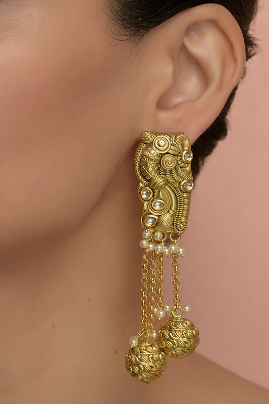 Jagati-Chitra Totem Drops | 22kt Matte-Gold Finish with Nakashi Relief Beads, Polki Kundan & Kinetic Seed-Pearl Statement Dangler Earrings
