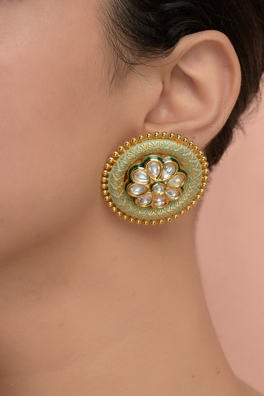 Svarn-Giri Neel-Ambu Mandala | 22kt High-Polish Gold, Sea-Foam Enamel & Polki Statement Stud Earrings