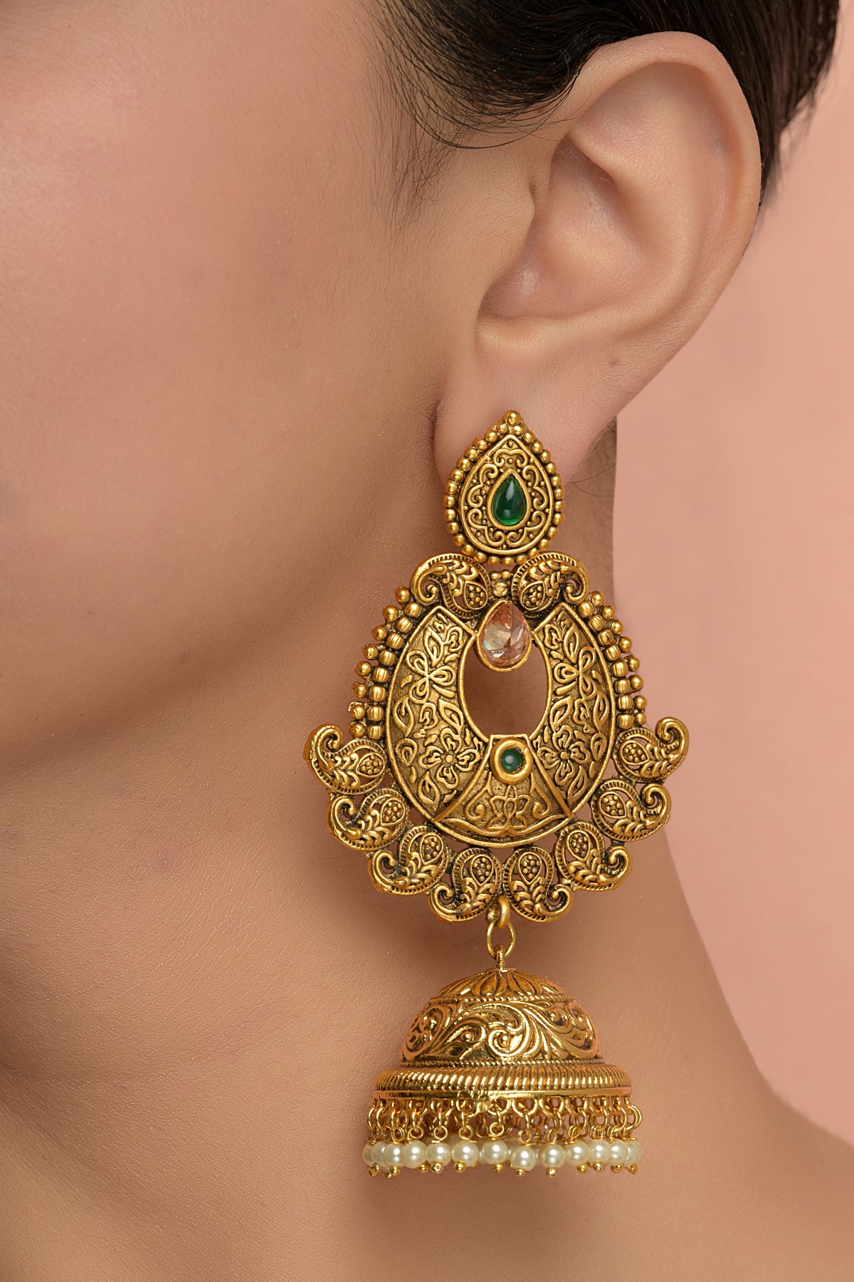 Vanya-Dhara Heritage Jhumka | 22kt Antique Matte-Gold, Emerald-Toned & Polki-Cut Temple Statement Earrings