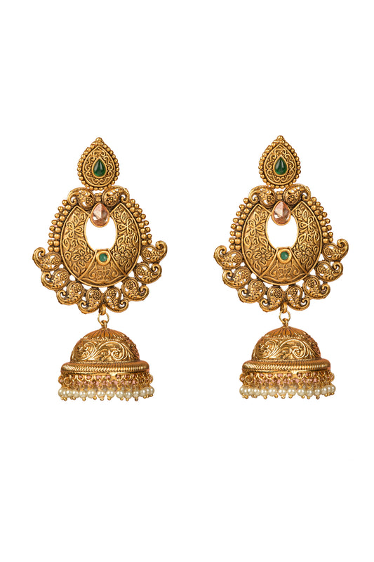 Vanya-Dhara Heritage Jhumka | 22kt Antique Matte-Gold, Emerald-Toned & Polki-Cut Temple Statement Earrings