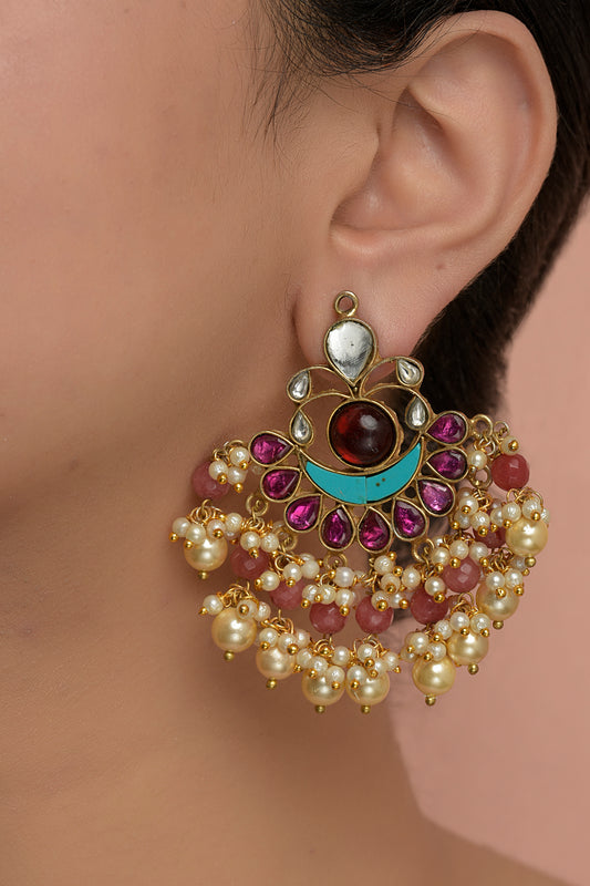 Hiranmayi Neel-Padma Chandbali | Antique 22kt Gold, Turquoise & Ruby-Toned Statement Earring