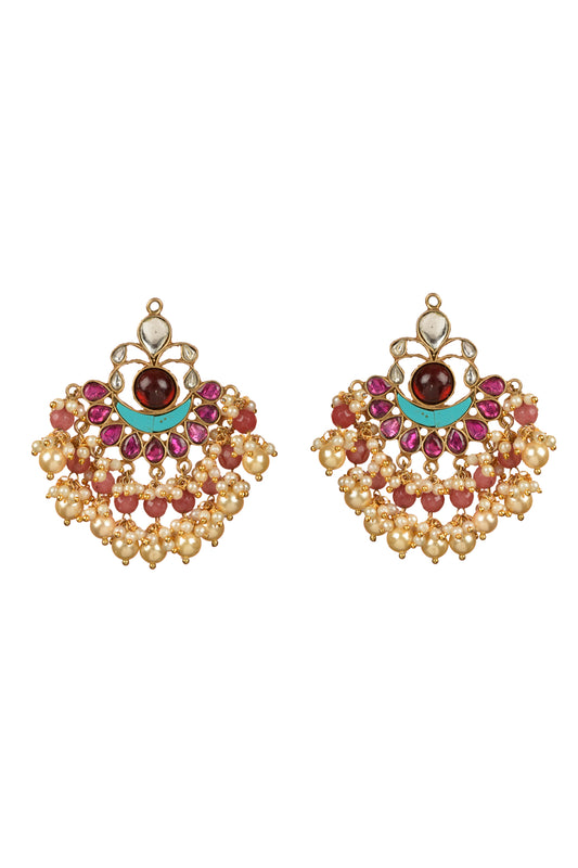 Hiranmayi Neel-Padma Chandbali | Antique 22kt Gold, Turquoise & Ruby-Toned Statement Earring