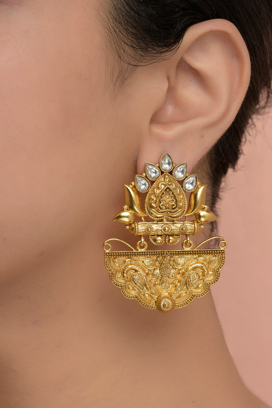 Swarnotsav Hamsa-Stambha Dangler | 22kt Matte-Gold & Pear-Faceted Polki Statement Earring