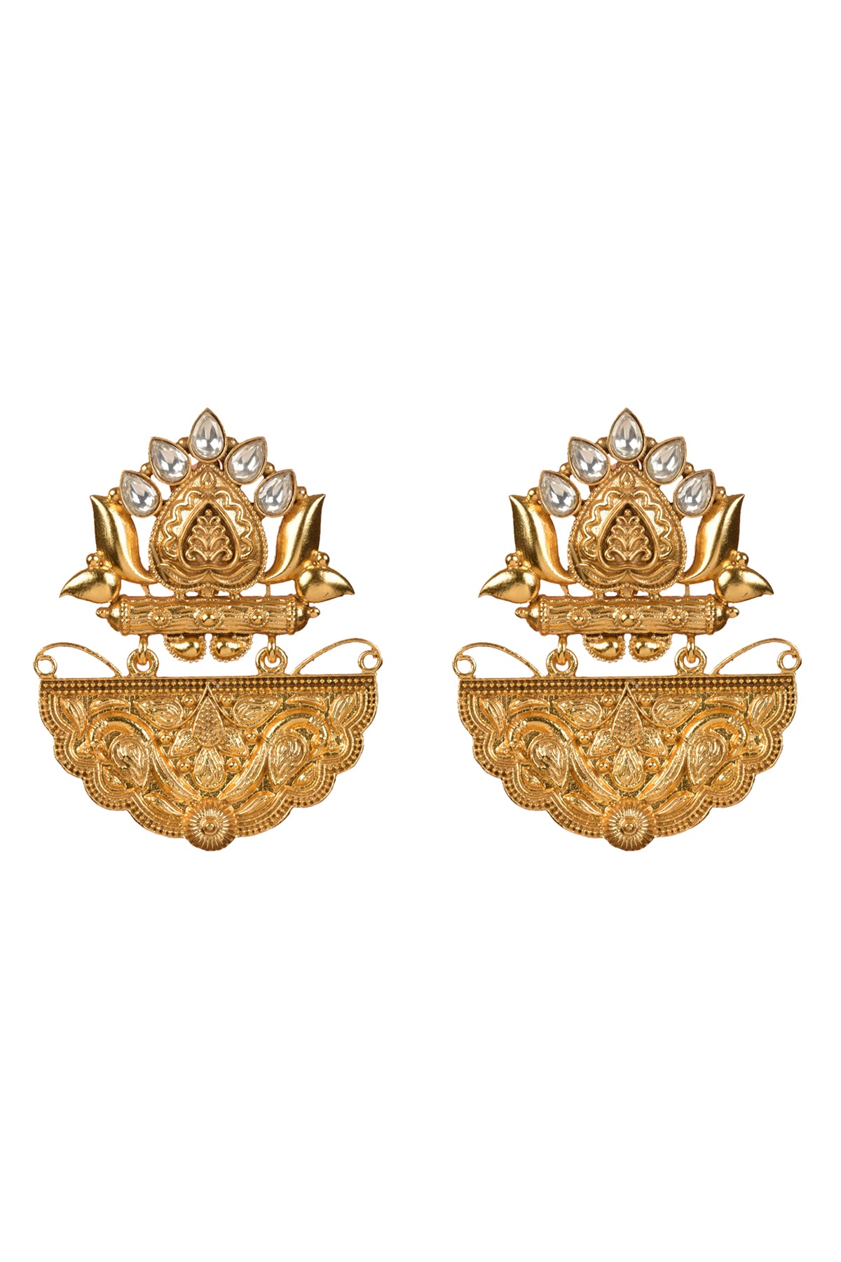 Swarnotsav Hamsa-Stambha Dangler | 22kt Matte-Gold & Pear-Faceted Polki Statement Earring