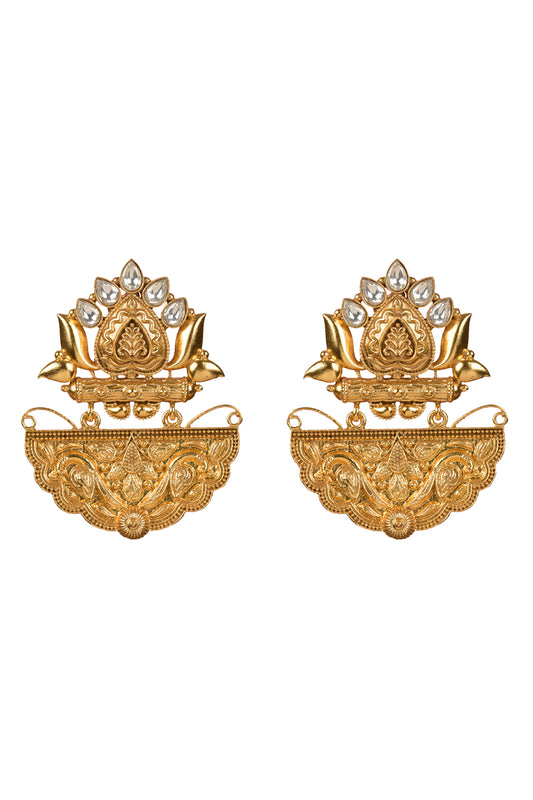 Swarnotsav Hamsa-Stambha Dangler | 22kt Matte-Gold & Pear-Faceted Polki Statement Earring