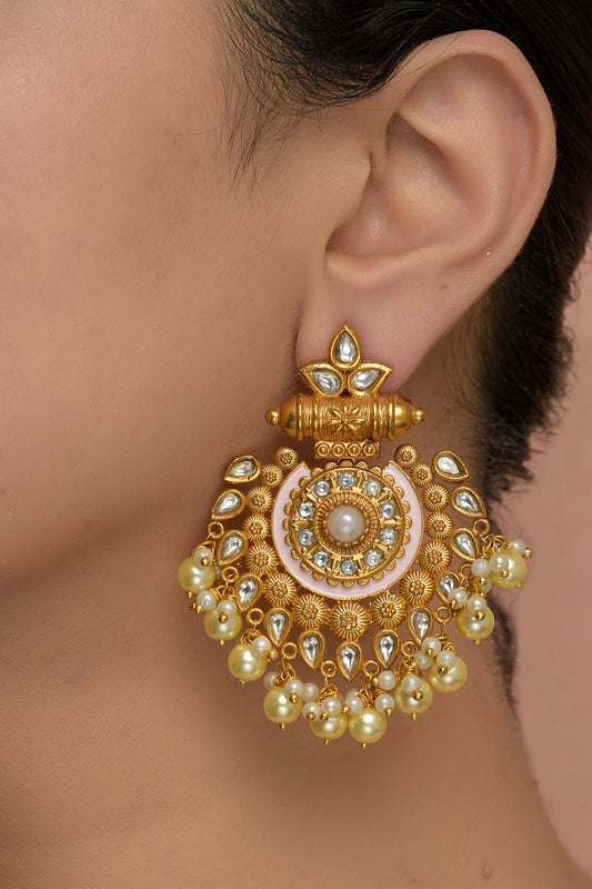 Padmavati Gulaabi-Kanti Chandbali | 22kt Matte-Gold & Powder-Pink Enamel Statement Earring