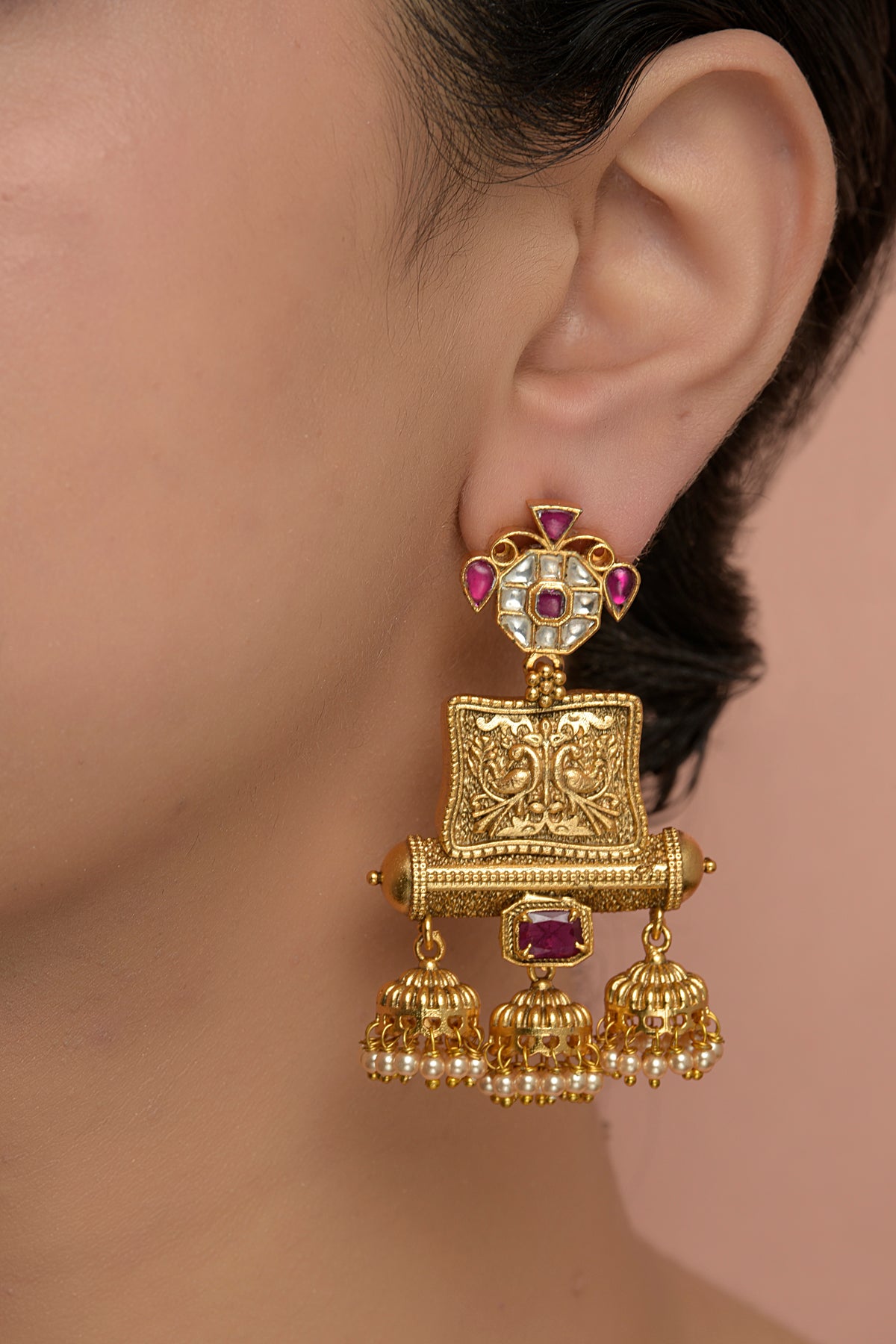 Hamsini Rajat-Manik Dangler | 22kt Matte-Gold & Ruby-Red Temple Jhumka Earring