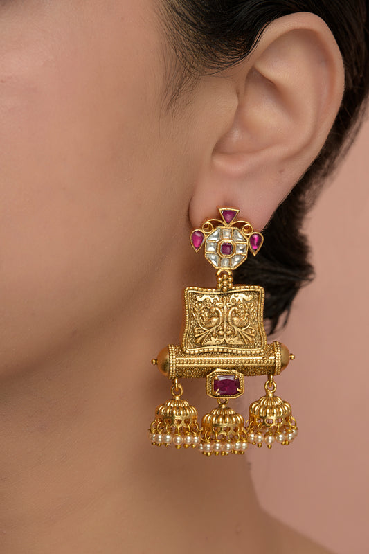 Hamsini Rajat-Manik Dangler | 22kt Matte-Gold & Ruby-Red Temple Jhumka Earring