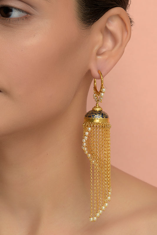 Nila-Kshira Heritage Tassel | 22kt Matte-Gold & Pearl Meenakari Dangler Hoop Earring