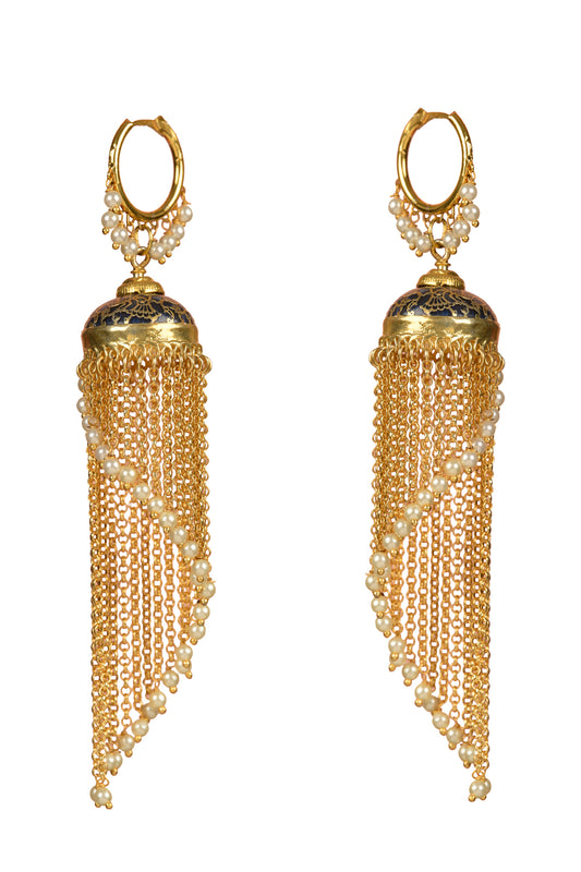 Nila-Kshira Heritage Tassel | 22kt Matte-Gold & Pearl Meenakari Dangler Hoop Earring