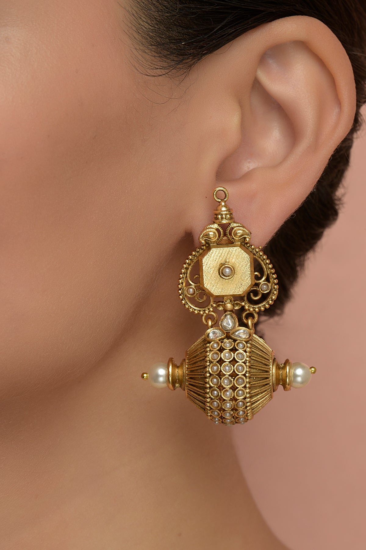 Hemadri Kanti South Indian Temple Dangler | 22kt Matte-Gold & Kundan Dholak-Barrel Statement Earring