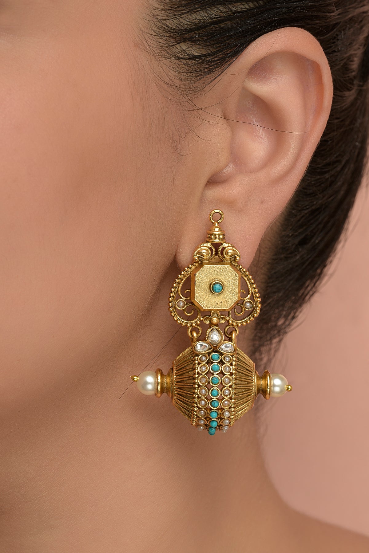 Ratnagiri Neela-Kanti South Indian Temple Dangler | 22kt Matte-Gold & Turquoise Dholak-Barrel Statement Earring
