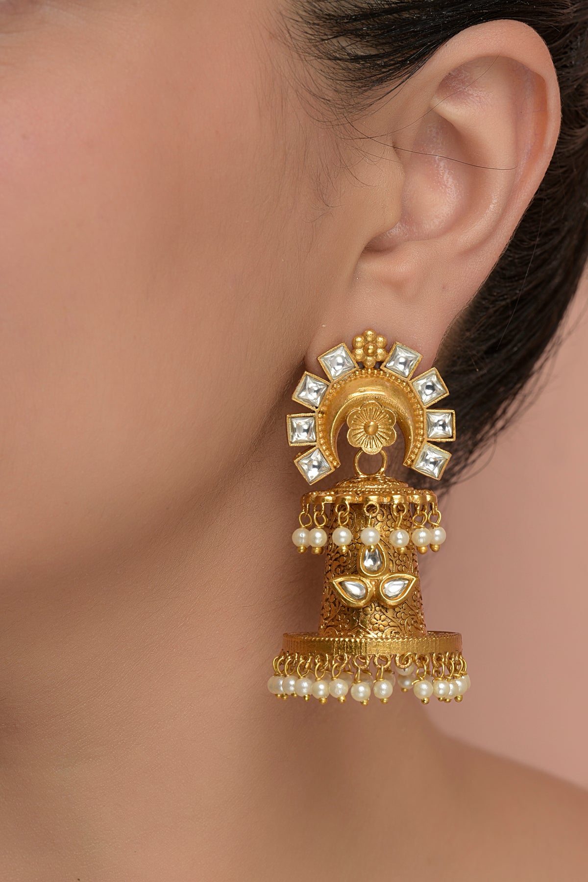 Hemanjali Chand-Jhumka | 22kt Matte-Gold Carved Temple Jewelry Earring
