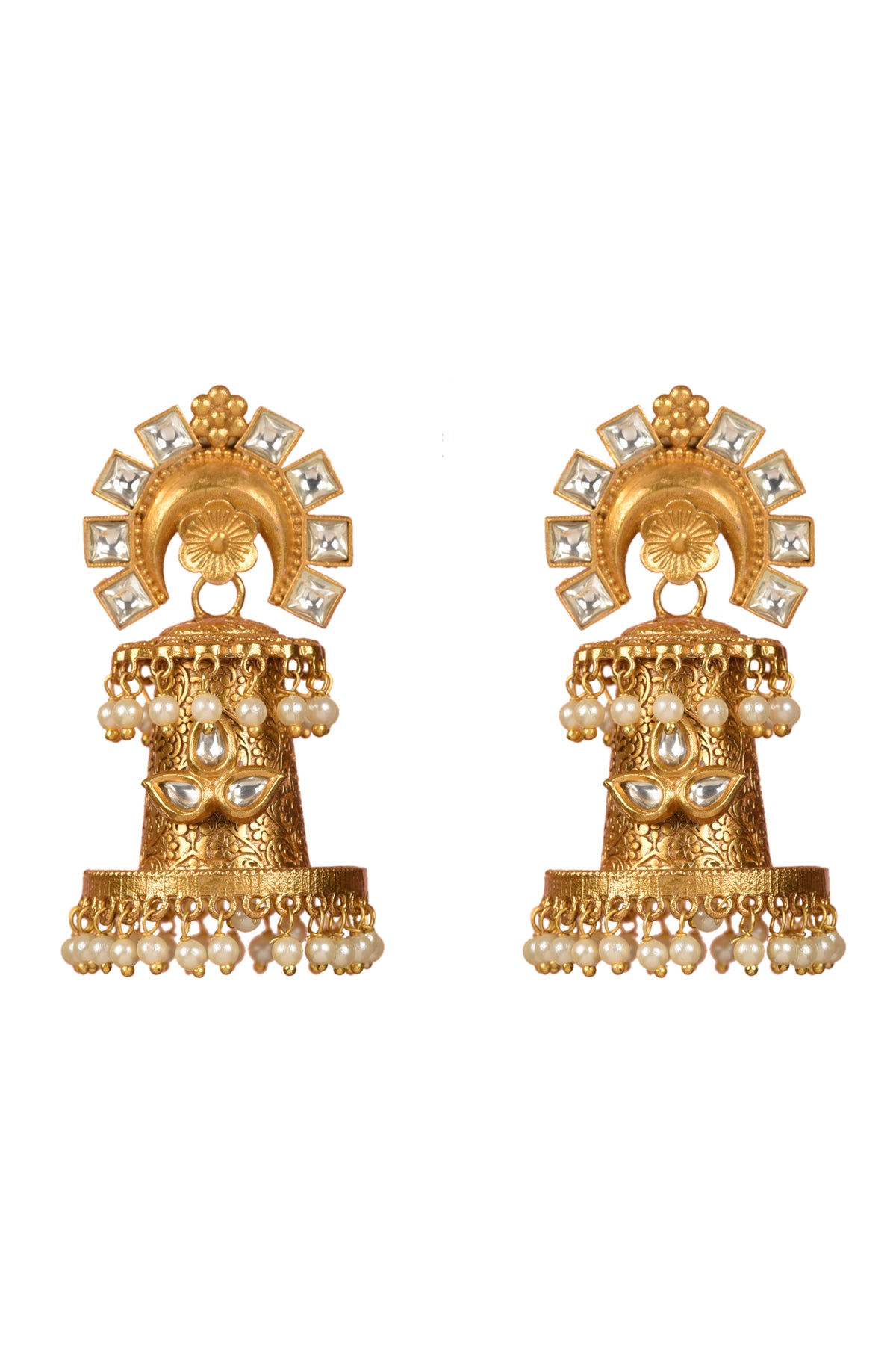 Hemanjali Chand-Jhumka | 22kt Matte-Gold Carved Temple Jewelry Earring