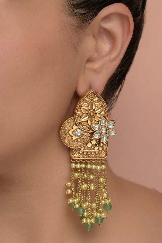 Samyukta Pushpa Dangler | 22kt Matte-Gold Polki & Sage-Green Bead Statement Earrings