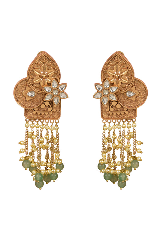 Samyukta Pushpa Dangler | 22kt Matte-Gold Polki & Sage-Green Bead Statement Earrings