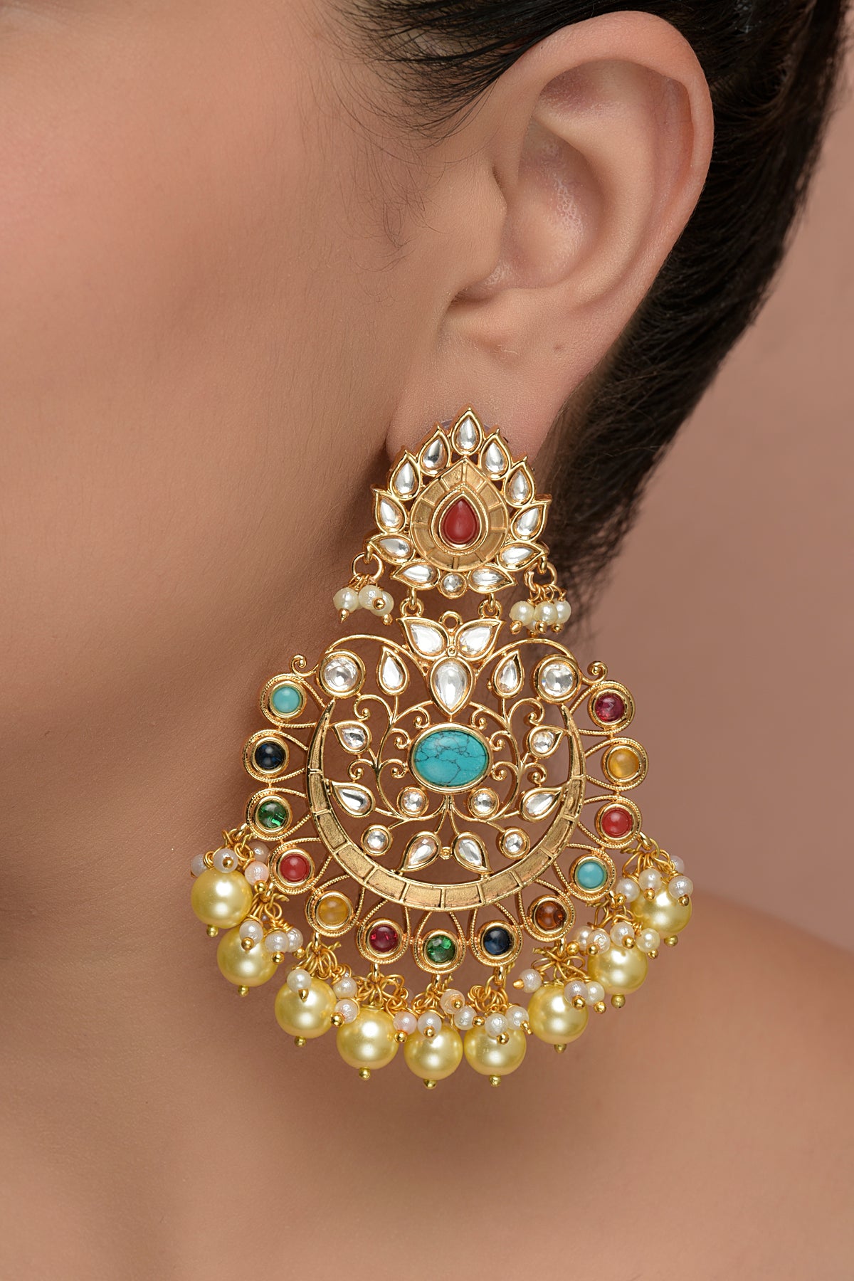 Navratan Mosaic Chandbali | 22kt Gold-Plated Filigree & Multi-Gemstone Statement Earrings
