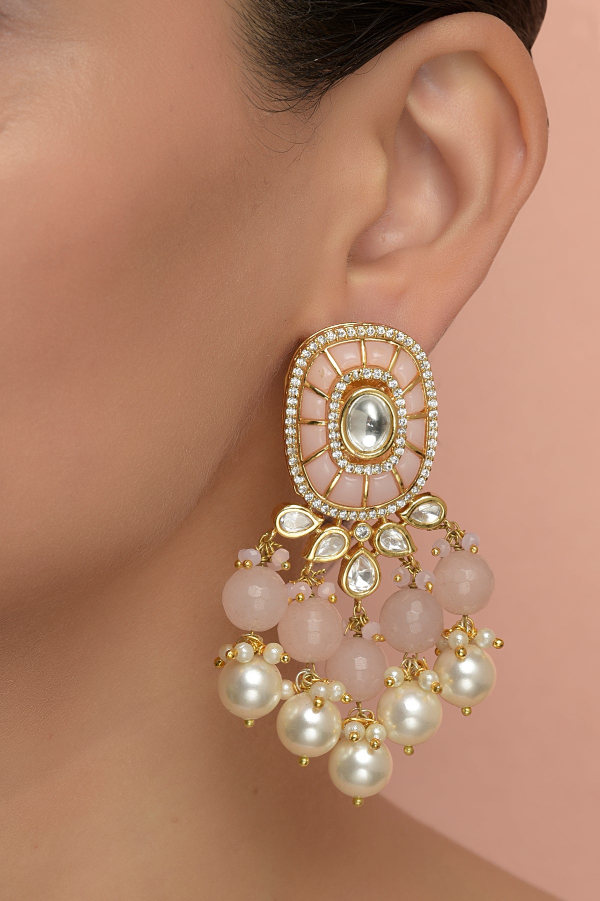 Manasvi Dangler Drop | 22kt Gold-Plated Rose Quartz & Polki-Cut Statement Earrings
