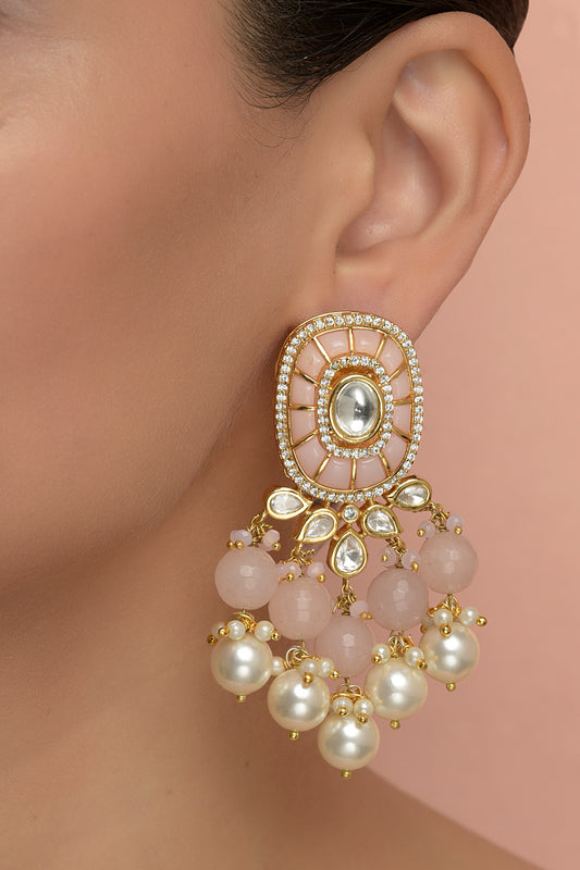 Manasvi Dangler Drop | 22kt Gold-Plated Rose Quartz & Polki-Cut Statement Earrings