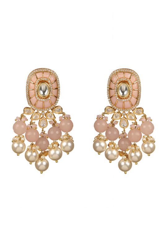 Manasvi Dangler Drop | 22kt Gold-Plated Rose Quartz & Polki-Cut Statement Earrings