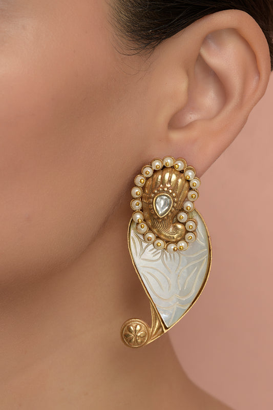 Advaita Hand-Carved Ear-Climber | 22kt Matte-Gold Mother-of-Pearl Paisley Studs
