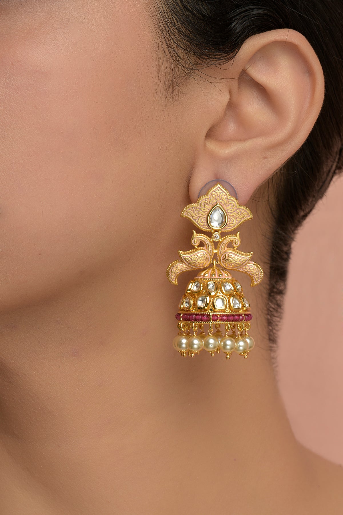 Chitrakala Temple Jhumka | 22kt High-Polish Matte Gold Peacock Meenakari & Polki-Cut Statement Earrings