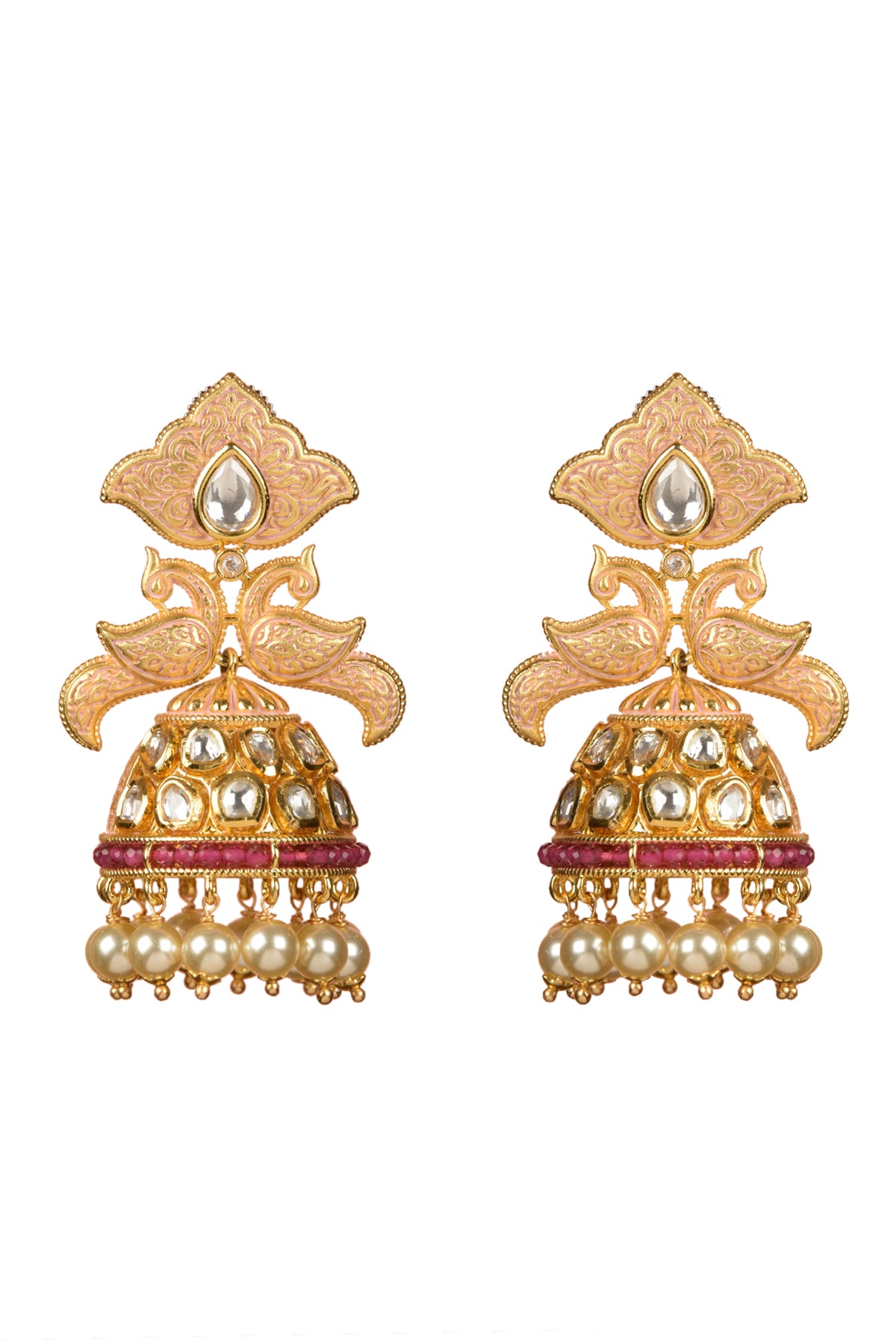 Chitrakala Temple Jhumka | 22kt High-Polish Matte Gold Peacock Meenakari & Polki-Cut Statement Earrings