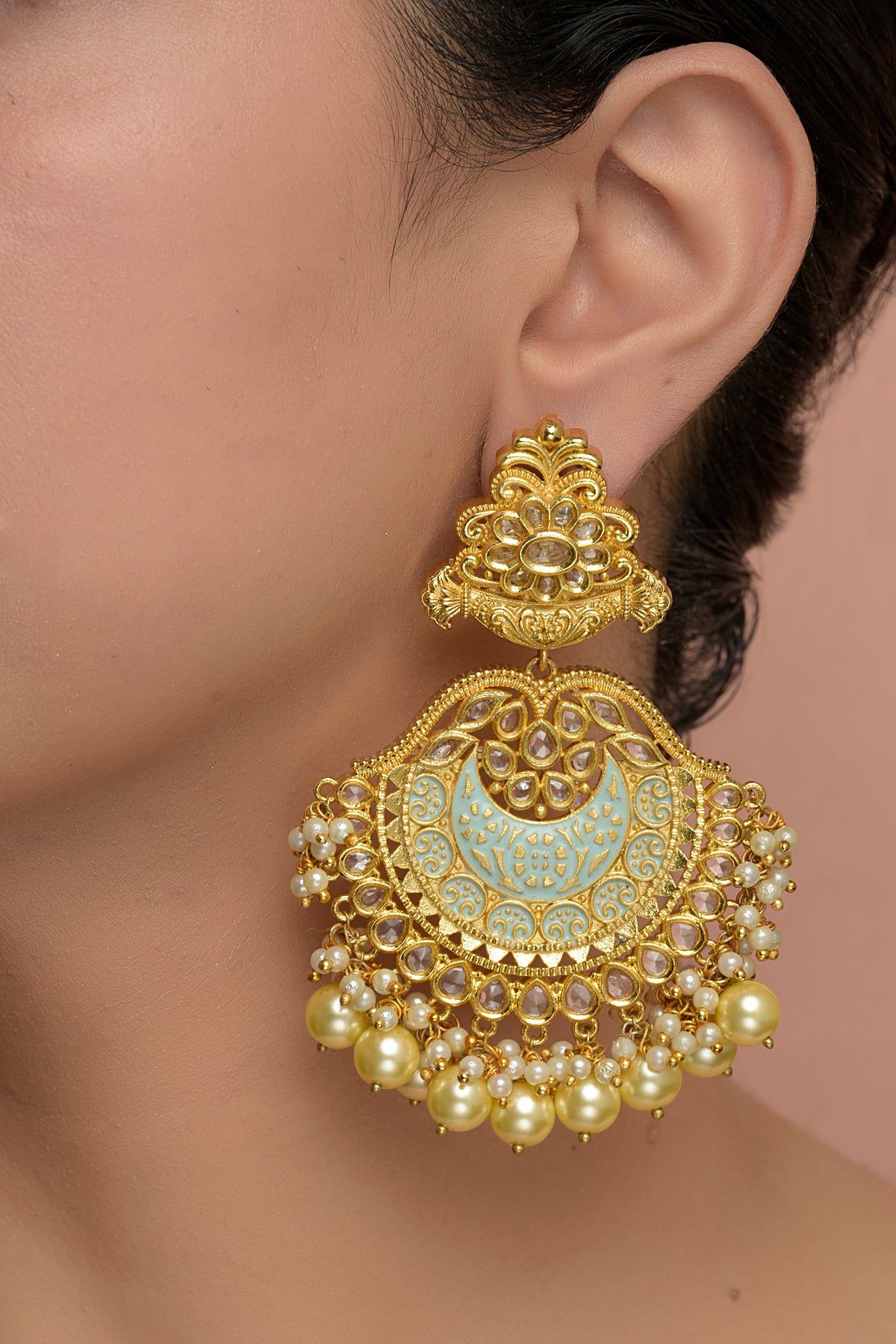 Advika Enamel Chandbali | 22kt Matte Gold Mint Meenakari & Kundan Statement Earrings