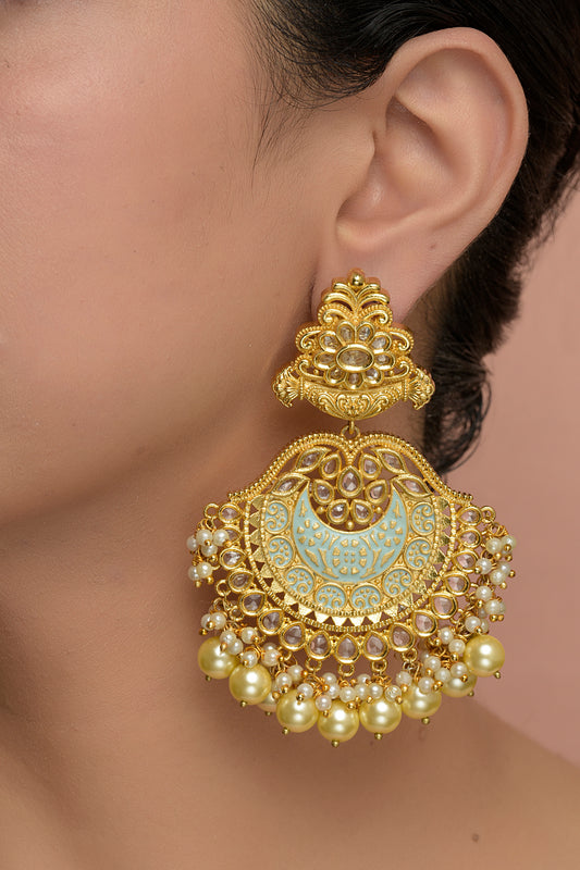 Advika Enamel Chandbali | 22kt Matte Gold Mint Meenakari & Kundan Statement Earrings