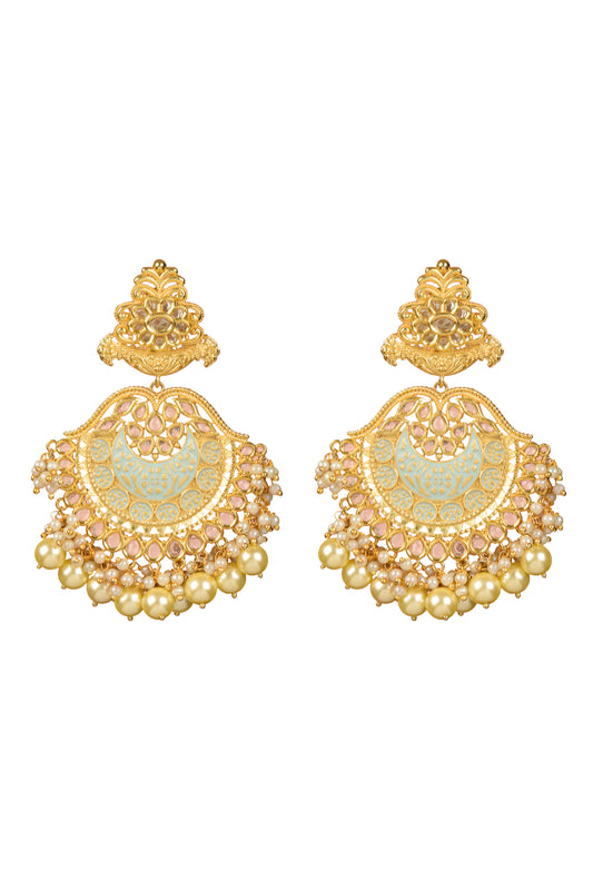 Advika Enamel Chandbali | 22kt Matte Gold Mint Meenakari & Kundan Statement Earrings