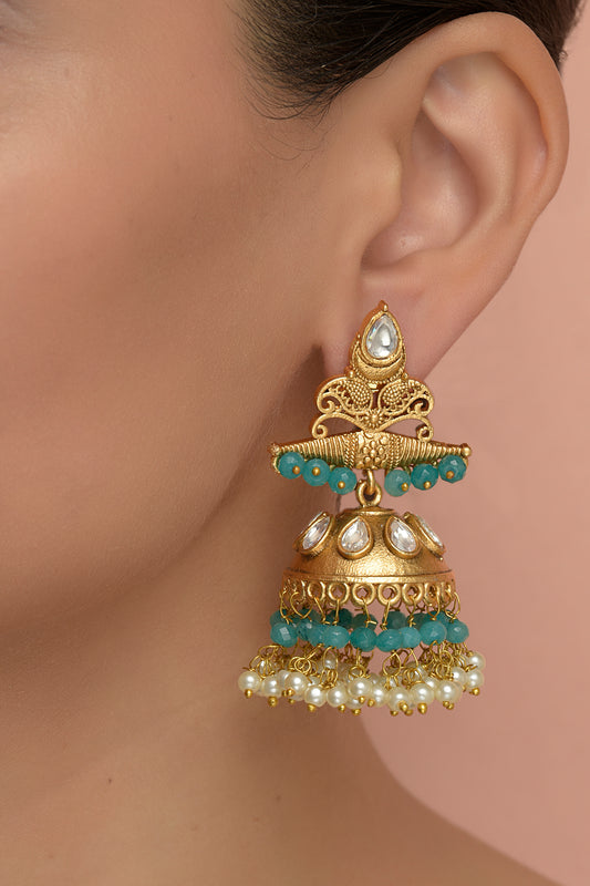 Saanvi Filigree Jhumka | 22kt Brushed-Gold Turquoise & Pearl Statement Temple Earrings