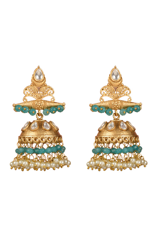 Saanvi Filigree Jhumka | 22kt Brushed-Gold Turquoise & Pearl Statement Temple Earrings