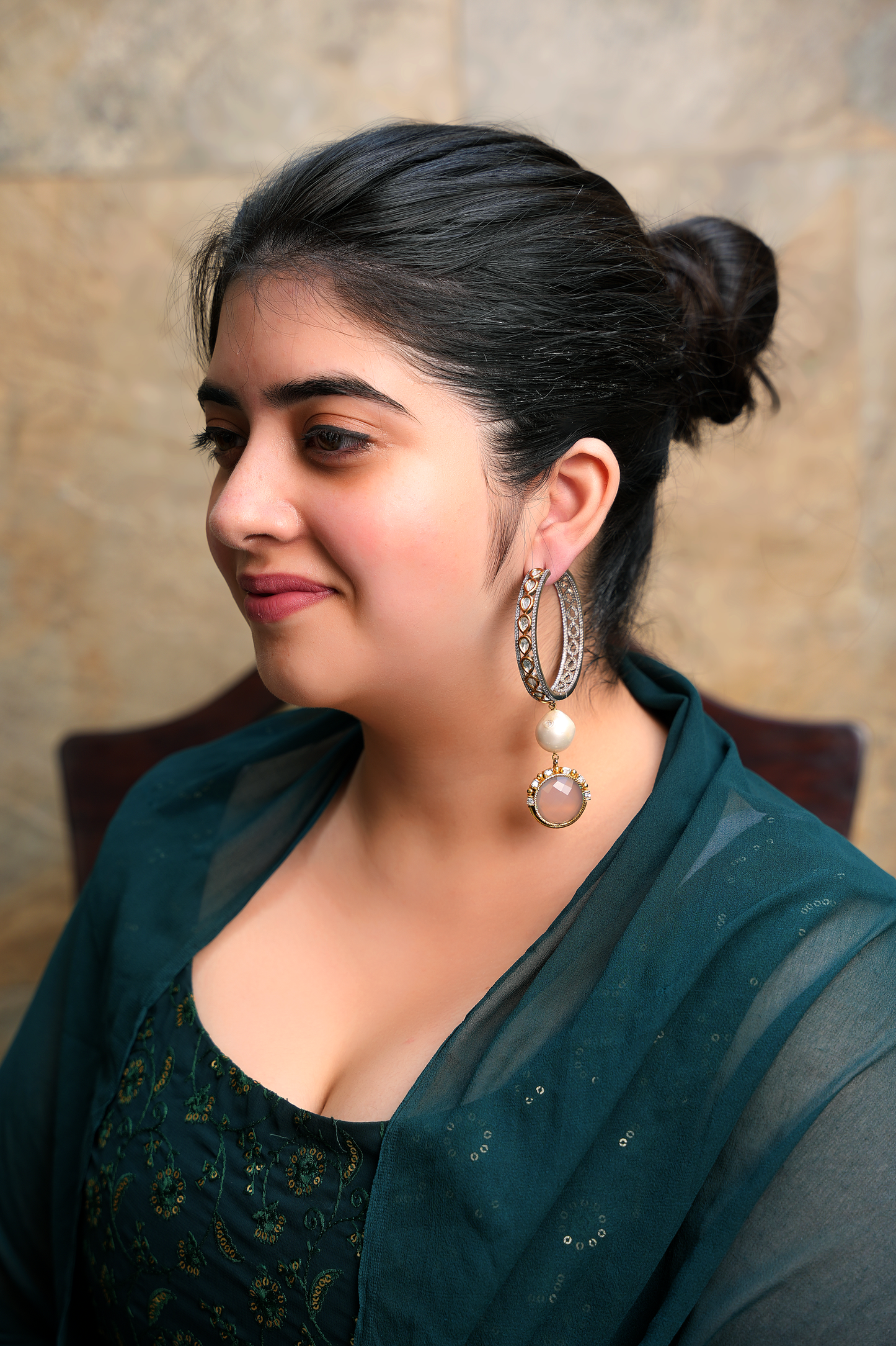 Regal Noor Polki Hoops – Baroque Pearl & Rose Quartz Statement Danglers