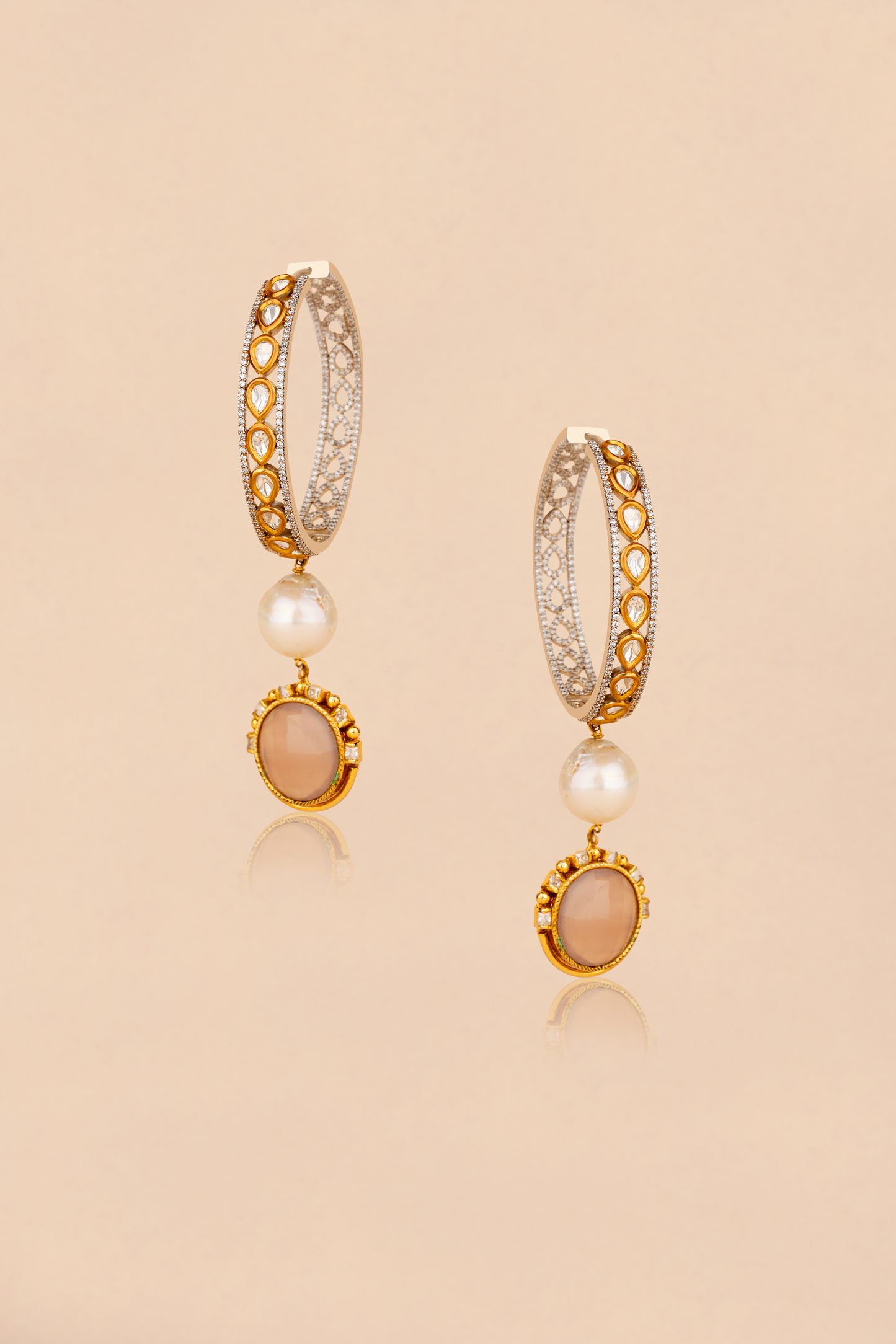 Regal Noor Polki Hoops – Baroque Pearl & Rose Quartz Statement Danglers