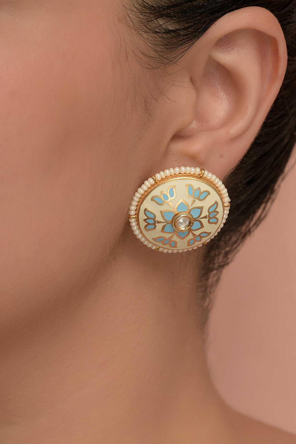 Koshala Lotus Enamel Stud | 22kt Gold-Plated Meenakari & Kundan Heritage Button Earrings